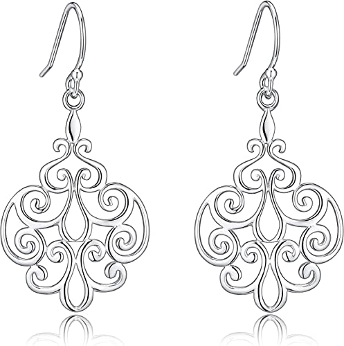 Sterling Silver Plated Dangle Earrings for Women, Oxidized Filigree Boho Vintage Jewelry, Lightweight Drop Earrings, Floral Peacock Angel Wing Leaf Designs, Gift for Women - color: Flower Filigree