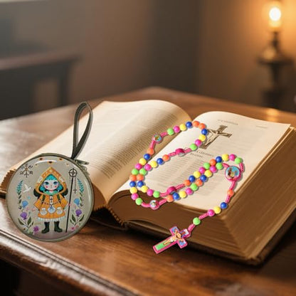 Rosary Beads Rosarios Catolicos, Colorful Plastic with Blue and Red Pendant Crosses, Pocket for Women with Rosary Box, Baptism Easter Gifts - color: Pink, style: J