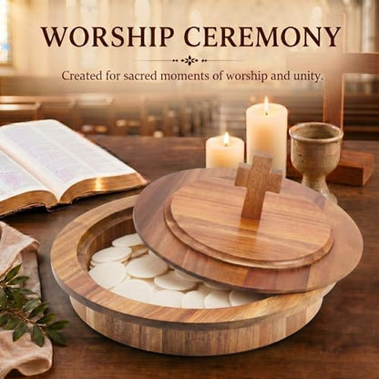 Zhehao 1 Pcs Wood Communion Bread Plate for Church Holy Communion Wafer Tray with Lid Elegant Worship Serving Plate for Church Service Ceremony (Acacia Wood Style) - style: Acacia Wood Style