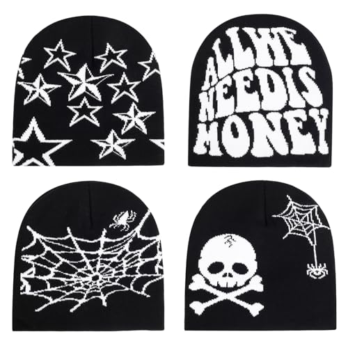4Pcs Y2k Beanie Winter Knitted Hat Warm Graphic Cap for Women Men - color: Pentagram+spiderweb+skull+all（black）