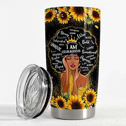 Personalized Black Queen Tumbler Sunflower Custom Name 20oz 30oz Tumblers with Lid Gift for African American Afro Black Girl Encouragement Birthday Women Day - color: Black Woman 2