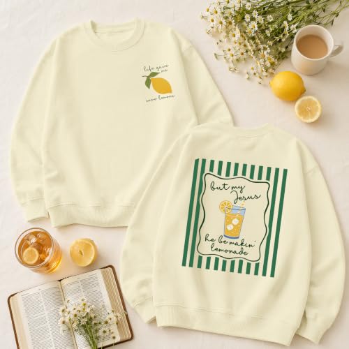 BINTEHGS Christian Sweatshirts For Women My Jesus Making Lemonade Graphic Faith Crewneck Pullover Religious Long Sleeve Shirt - color: Apricot, size: Medium