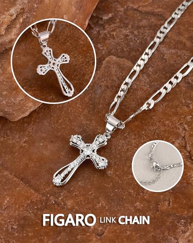14K Gold Plated Cross Necklace for Women, Cubic Zirconia Copper Cross Pendant, Valentine Mother's Day Gifts for Her with Jewelry Box Figaro Link Chain, Alloy Infinity CZ Diamond Bridal Wedding - color: Silver