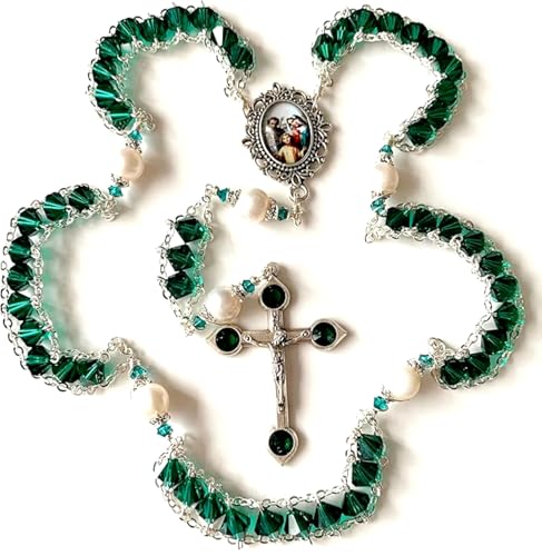 elegantmedical Ladder to Heaven Green Crystal & AAA10MM Pearl Beads Catholic Rosary Cross crucifix Necklace gift