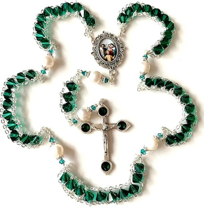 elegantmedical Ladder to Heaven Green Crystal & AAA10MM Pearl Beads Catholic Rosary Cross crucifix Necklace gift