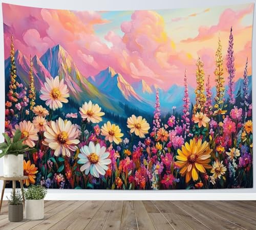 HVEST Pink Floral Mountain Tapestry Wall Hanging Pink Cloud and Flower Wall Art Tree Forest Nature Landscape Tapestry for Bedroom Living Room Dorm Wall Decor, 60W X 40H inches - color: Pink, size: 40"L x 60"W