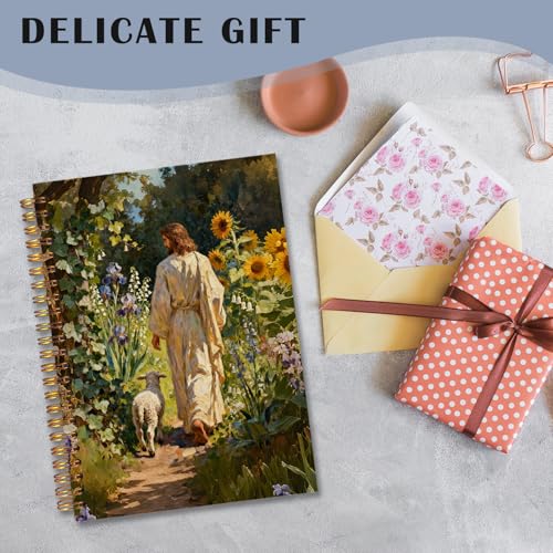 Exqcom Jesus and Lamb Christian Spiral Notebook, Jesus Leaves the 99 Sheep Prayer Bible Journal Gifts for Women, Wildflower Religious Hardcover Notebook Journal Office School Supplies, 5.5x8.3 - color: white Bible Notebook-T
