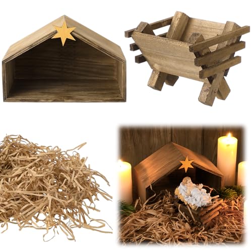 Threehoney Wooden Jesus Manger Scenes Christmas Nativity Stable with Raphia Grass Christmas Decoration Mini Manger Holy Family Nativity Scene Xmas Home Table Desk Decor