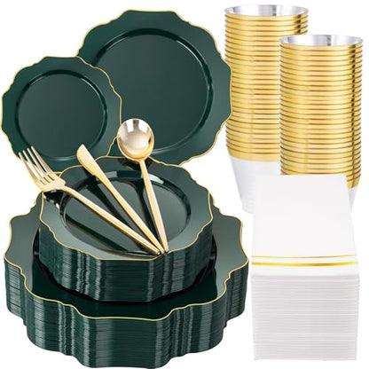 WDF 175Pcs Green Plastic Plates - Green Plates Disposable with Gold Rim - Christmas Plastic Plate - Fancy Disposable Dinnerware Sets 25 Guests Ideal for Party/Wedding/Birthday - color: Green and Gold, size: 175 pieces