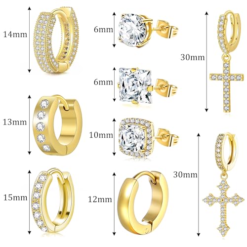 FEYIR 9 Pairs Earrings for Men Stainless Steel Small Hoop Earrings Hypoallergenic CZ Cross Dangle Earrings Cubic Zirconia Stud Earrings Huggie Men's Earrings Set - color: Gold