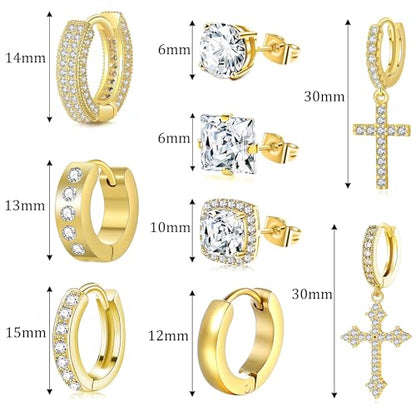 FEYIR 9 Pairs Earrings for Men Stainless Steel Small Hoop Earrings Hypoallergenic CZ Cross Dangle Earrings Cubic Zirconia Stud Earrings Huggie Men's Earrings Set - color: Gold