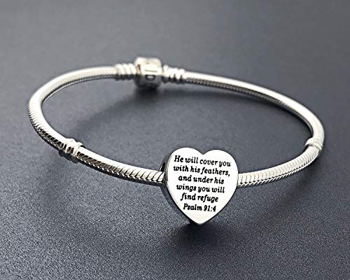 Heart Charm Fit Pandora Charms Bracelet Christian Bible Verse Charm Prayer Faith Religious Charms Gifts for Women - style: He will cover you with his feathers,and under his wings you will find refuge Psalm 91:4
