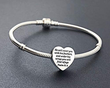 Heart Charm Fit Pandora Charms Bracelet Christian Bible Verse Charm Prayer Faith Religious Charms Gifts for Women - style: He will cover you with his feathers,and under his wings you will find refuge Psalm 91:4