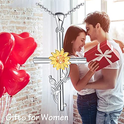 Distance Cross Necklace for Women 925 Sterling Silver Jewelry Pendant Necklace for Mom Wife Gift for Mother's Day or Birthday - style: Sunflower Cross Necklace