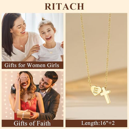Ritach Cross Initial Necklaces for Women Girls - 14K Gold Plated Initial Heart Necklace Dainty Gold Cross Pendant Necklace Birthday First Communion Baptism Christian Gifts for Women Kids Teen Girls - color: J