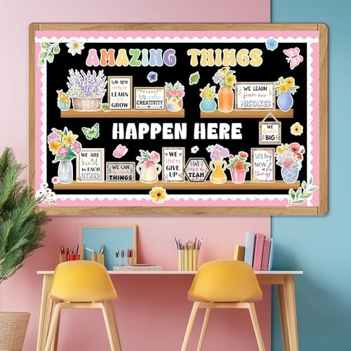 74pcs Back to School Bookshelf Bulletin Board Decorations Amazing Things Happen Here Paper Cutouts Floral Cards Motivational Cutout Classroom Decor for Classroom School Offices Chalkboard Wall Decor - style: Spring Floral