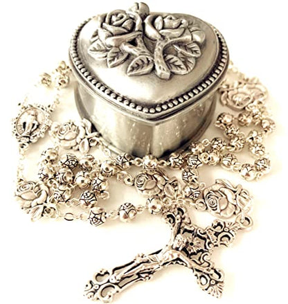 elegantmedical HANDMADE Silver rose beads Catholic 5 DECADE Rosary case Cross Gift Box Italy crucifix cross