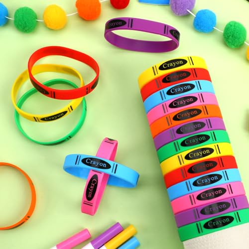 JUNEBRUSHS 42 Pcs Crayon Silicone Bracelets First Day of School Classroom Crayon Decor Welcome School Wristbands Back to School Party Favors for Students Exchange Teacher Gifts - style: Crayon Style