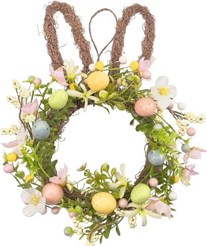 16 Inch Lighted Easter Bunny Wreath for Front Door with Eggs & Flowers, Rabbit Spring Wreath Decoration with LED Lights, Easter Door Wreath for Door, Wall & Window, Easter Decorations