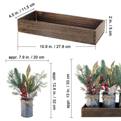 Winlyn Christmas Floral Arrangement Farmhouse Centerpiece Faux Pine Branches Pinecone Red Berry Stems Glitter Leaves Christmas Picks in Galvanized Pots with Wood Box for Holiday Table Décor