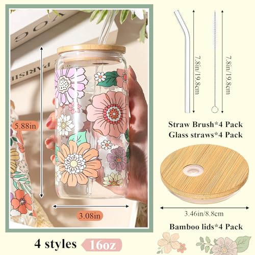 Mumufy 4 Pack Bohemian Flower Glass Cup, 16 oz Tumbler Mug with Bamboo Lid - style: Bohemian Flower