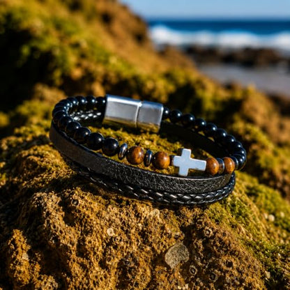WFJ Men’s Christian Cross Bracelet Genuine Leather Multilayer with Tiger Eye & Black Beads Protection - size: X-Large