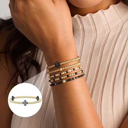 M MOOHAM Beaded Bracelets for Women Teen Girls, 14K Gold Bracelet Stack - color: Black Cross