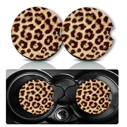 2Pcs Brown Leopard Print Car Coasters,2.75" Neoprene Cup Holder Coasters - color: Brown Leopard