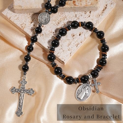 Rosary for Men Women, Natural Stone Beads with St. Benedict Bracelet - color: Obsidian