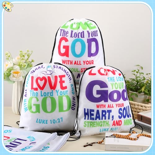 24 Pcs Christian Bags Religious Drawstring Bags Love Your God Vbs Drawstring Backpacks Bulk Large Religious Gifts for Sunday School Church Graduation Themed Party Favors - style: Love Your God