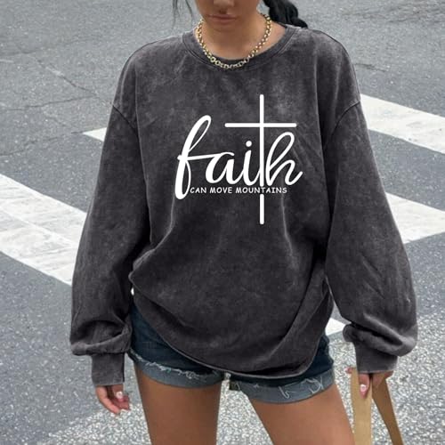 Christian Shirts for Women Faith Can Move Mountains Acid Wash Shirt Jesus Religious Bible Verse Long Sleeve Top - color: Black, size: X-Large