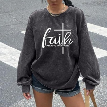Christian Shirts for Women Faith Can Move Mountains Acid Wash Shirt Jesus Religious Bible Verse Long Sleeve Top - color: Black, size: Large