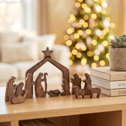 FESTGLOX Wooden Nativity Set Indoor, 13Pcs Small Christmas Nativity Scene - color: Nativity-13 Pieces