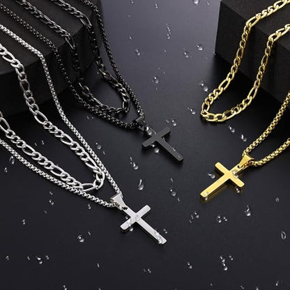 Fiusem 2 Pcs Cross Necklace Chain for Men, Stainless Steel Pendant - color: Black, size: 18 /20 Inches
