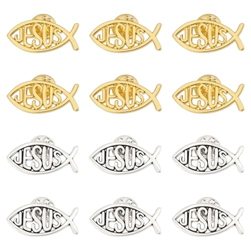 Jesus Fish Lapel Pin Jesus Fish Brooch Alloy Pins Coat Shirt Suit Collar Accessories for Backpack Clothes Sweater Jacket Decoration - color: Gold and Silver