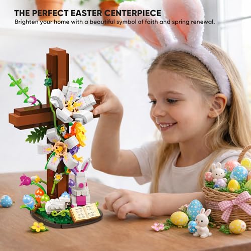 HiDectee Cross Flower Building Set for Kids and Children, 694PCS Jesus Botanical Lily Cross with Bible Base & Spring Garden - Religious Christian Faith Gifts for Mom & Grandma - Spiritual Home Decor