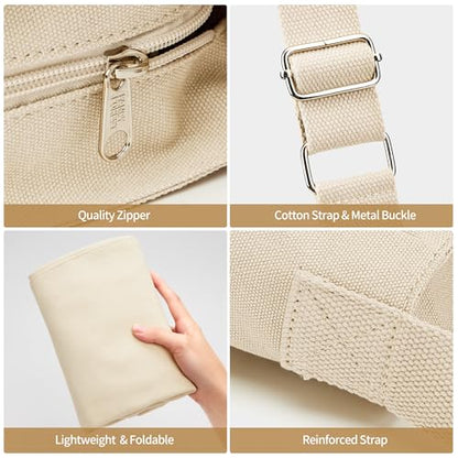 KALIDI Canvas Tote Bag Zipper Large Crossbody Shoulder Bag Messenger Bag - color: Beige