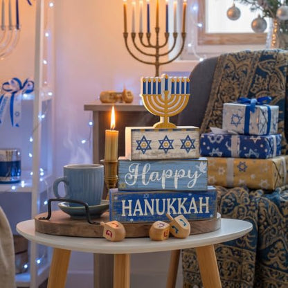 Lineshading 4 Pcs Hanukkah Table Decor for Home, Wooden Menorah Block Signs - style: Candlestick 2