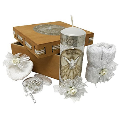 Arcangeles Mexicanos Catholic Baptism Candle Set in a Wooden Box with Towel, Candle, Rosary and Shell for Baby Boys and Girls. Handmade in Mexico