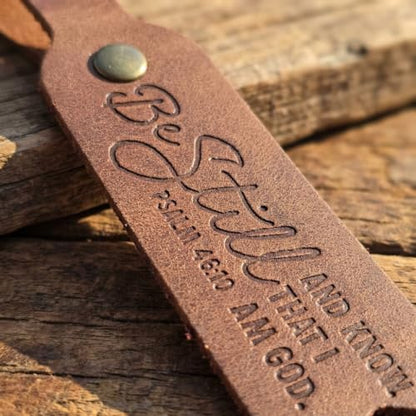 Leather Keychain, Christian Gifts for Men and Women, Full Grain Cowhide Debossed Bible Verse Flat Key Fob - color: Jordan Brown