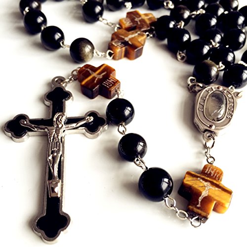 elegantmedical HANDMADE Catholic BLACK 10MM Obsidian BEADS Lourdes Water medal ROSARY CROSS NECKLACE BOX Mens Womens gift