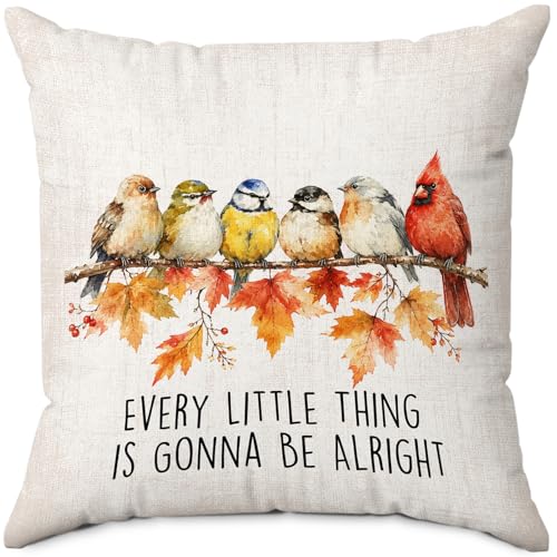 Inspirational Fall Autumn Maple Leaf Bird Throw Pillow Covers 18x18 - color: Bird