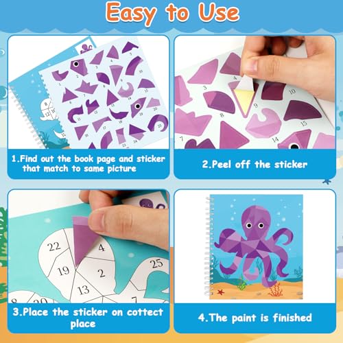 4 Pcs Paint by Sticker Books Sticker by Number Books Activity Book Puzzle Book Craft Art Gift with Dinosaur Unicorn Ocean Animal 32 Pictures - style: Animal