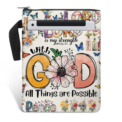 84hoods Book Cover Bag with Zipper and Front Pocket. Bible Book Sleeve. Christian Faith God Religious Gift. Washable Fabric 11 X 8.5 Inch. All Things are Possible - color: 2. All Things Are Possible