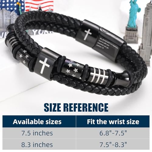 Mens Cross Bead Braided Genuine Leather Bracelet, Black Gemstone Agate Onyx Beaded Rosary Obsidian Bangle, Faith Religious Easter Catholic Christian Communion Baptism Christmas Jewelry Gift for Men - color: Black3 Size 8.3″ Joshua 1:9