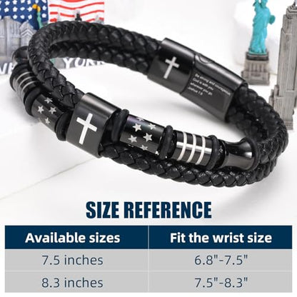 Mens Cross Bead Braided Genuine Leather Bracelet, Black Gemstone Agate Onyx Beaded Rosary Obsidian Bangle, Faith Religious Easter Catholic Christian Communion Baptism Christmas Jewelry Gift for Men - color: Black3 Size 8.3″ Joshua 1:9