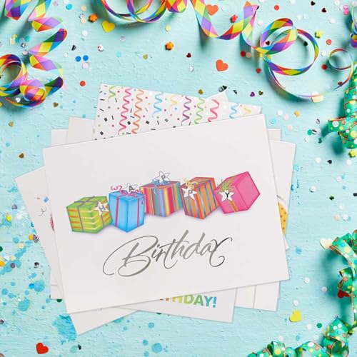 Masterpiece Silver Foil Colorful Happy Birthday Cards / 24 Birthday Cards With White Envelopes In Storage Box / Shiny Silver Foil Card Design Accents / 4 5/8" x 6 1/4" Folded Greeting Cards With Inside Verses / 6 Festive Modern Designs - color: Silver Foi