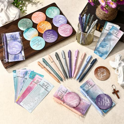 Feifeiya 50 Sets Christian Gifts Bulk for Church Bible Verses Ballpoint Pens Religious Emergency Bookmarks Compact Mirrors for Women Grandmother Bible Study Group