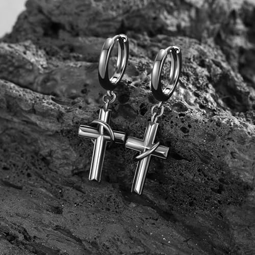 Cross Earrings 925 Sterling Silver Cross Dangle Earrings Christianity Jewelry Gift for Men Women - style: Ring Cross-Black