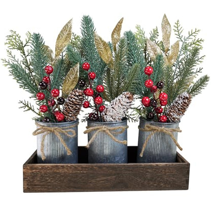 Winlyn Christmas Floral Arrangement Farmhouse Centerpiece Faux Pine Branches Pinecone Red Berry Stems Glitter Leaves Christmas Picks in Galvanized Pots with Wood Box for Holiday Table Décor